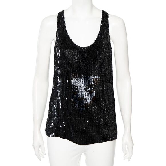 Alexander Mcqueen Black Sequinned Silk And Beaded Skull Pattern Sleeveless Top M